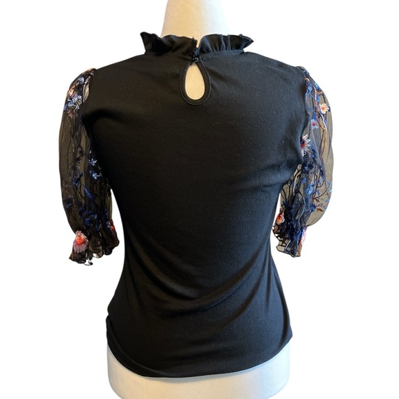 Embroidered Mesh / Lace Puff Sleeve Knit Top M EUC - Picture 3 of 4